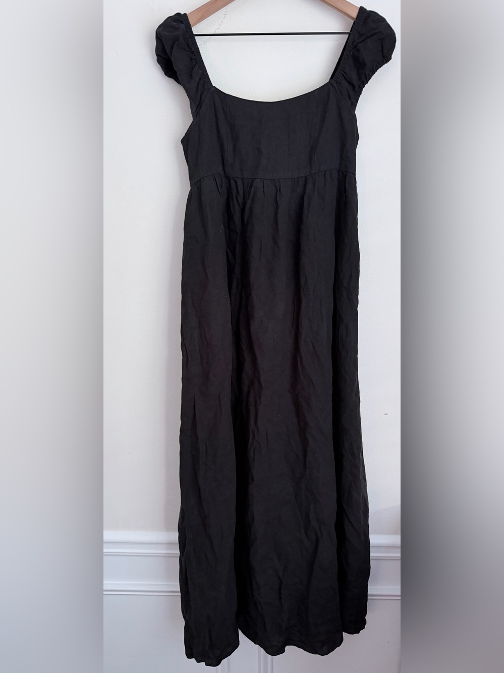 A.REN Linen Maxi Dress Puff Sleeves black smocked babydoll S
